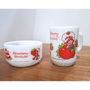 Strawberry shortcake Milk Glass Mug & Cereal Bowl 2-Piece Set Vintage Nostalgia